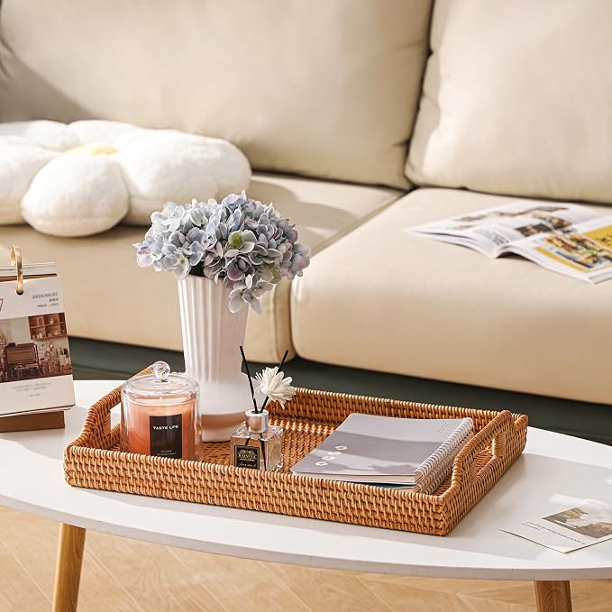 17'' Rattan Serving Tray Rectangle with Handles, Vintage Wicker Table Tray for Decor, Boho Hand Woven Seagrass Coffee Table Basket Tray for Ottoman, Breakfast, Bathroom, Outdoor