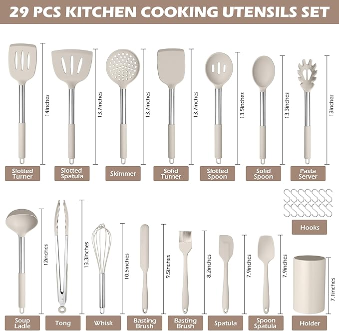 HaWare 29 PCS Silicone Cooking Utensils Set, Heat Resistant Kitchen Utensils Set with Stainless Steel Handle, Spatula Sets with Holder and Hooks, Kitchen Tools Gadgets for Nonstick Cookware -Khaki