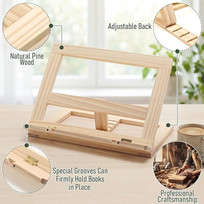 Gerrii Wooden Book Stand with Page Holder Clips Adjustable Foldable Reading Stand for Cookbooks Recipes Textbooks Bible Documents Tablet Solid Pine Wood Hands-Free Set Book Holder for Counter Desk