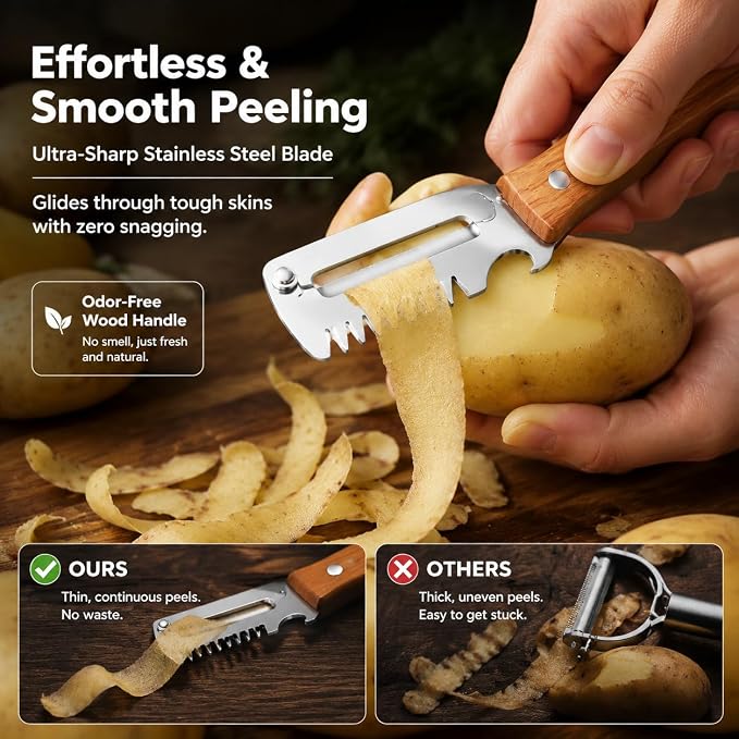 2Pcs Vegetable Peeler with Wooden Handle, Odor-Free Stainless Steel Multi Functional Vegetable Cutter, 2-in-1 and 3-in-1 Kitchen Tool with Scallion Shredder and Bottle Opener for Cooking and Camping
