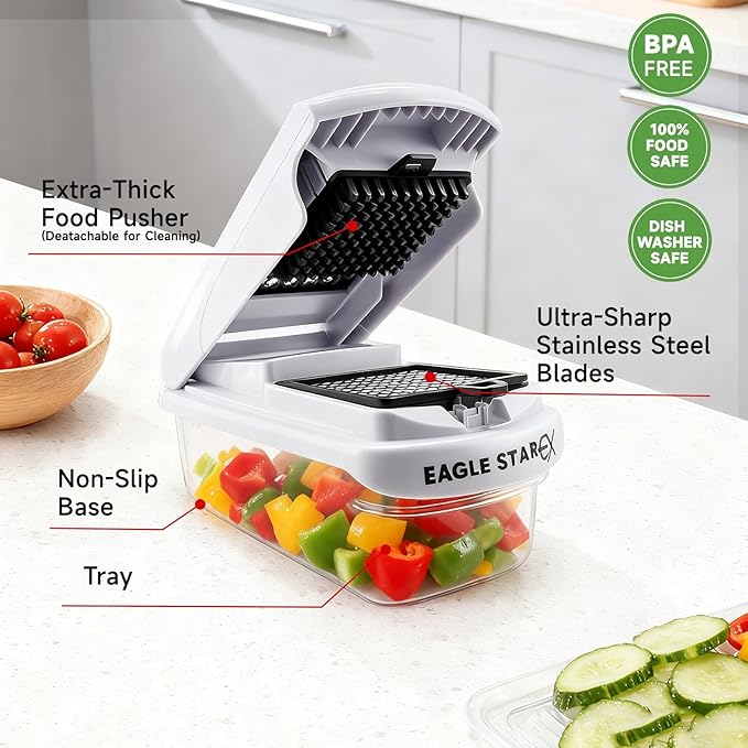 EaglestarEX Vegetable Chopper Mandoline Slicer, Food Veggie Chopper, Cheese Grater, Onion Vegetable Cutter with Container, Dicer, Kitchen Gadgets & Essentials, White/black