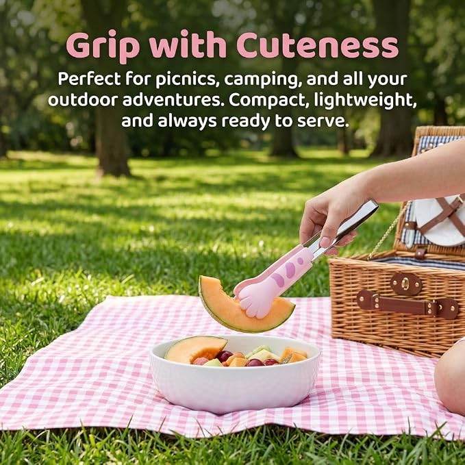 Kitchen Cooking Tongs – Cute Paw Shape Stainless Steel Salad Tongs for Cooking and Barbecue, Food Serving Utensil with Non-Slip Grip(Pink Small)