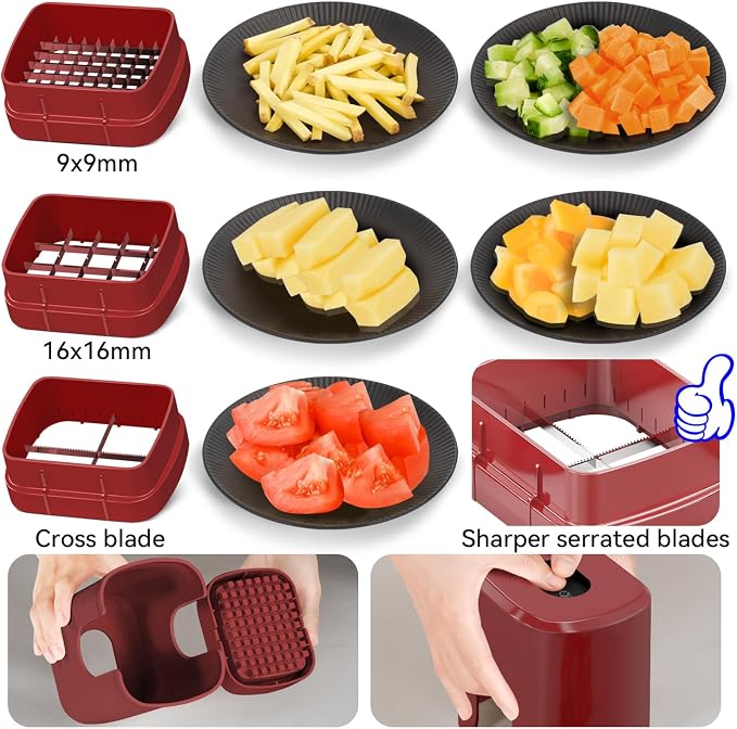 KEOUKE Multifunctional Vegetable Chopper Red - 3 Interchangeable Blades Potato French Fry Cutter with Container & Storage Box Food Chopper Dicer for Cucumber, Tomato, Carrot, Onion