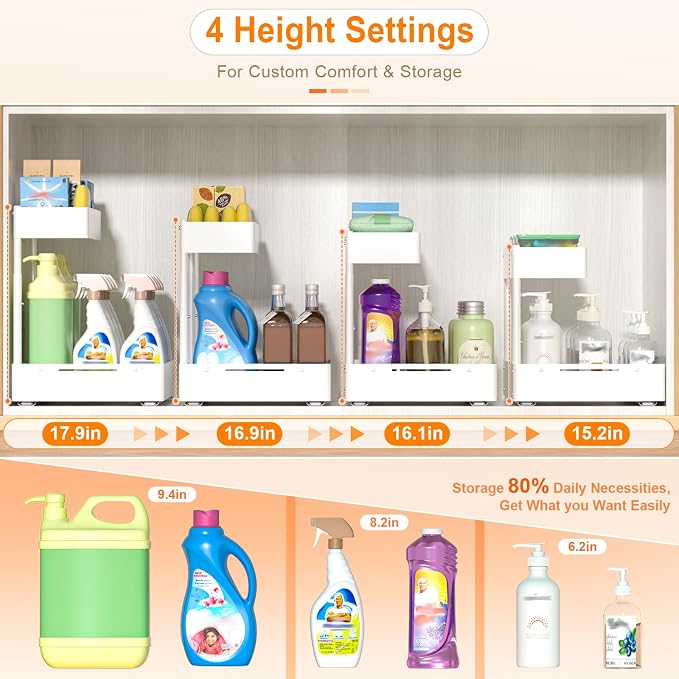 YJHome 1 Pack Expandable Under Sink Organizer, 2 Tier Pull Out Cabinet Organizer with Smooth Ball Bearing Slides, Adjustable Height Cabinet Storage Shelves for Kitchen, Bathroom, Laundry, Pantry