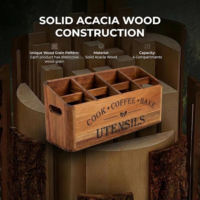 Wooden Kitchen Utensil Holder, Acacia Wood, Extra Large, 4-Compartment, Countertop Organizer, Wall Mount Option, Silverware Storage Caddy, Ventilation Holes & Non-Slip Pads (4 Compartments)