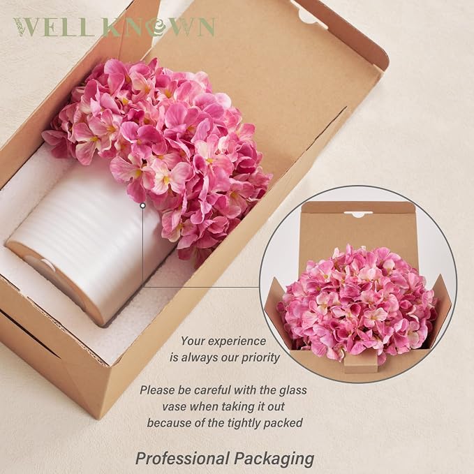 Pink Hydrangea Fake Flowers in Vase, Spring Artificial Flowers with White Ceramic Vase, Small Faux Potted Floral Arrangements for Home Bathroom Kitchen Vanity Shelf Coffee Table Centerpiece Decor Gift