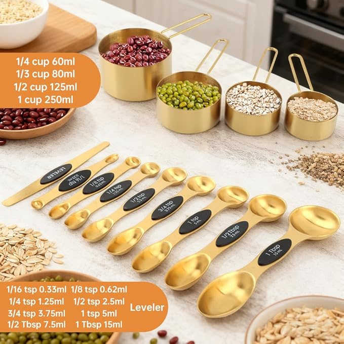 13Pcs Magnetic Measuring Spoons Set,Stainless Steel Measurin g Cups,8 Dual Sided Magnetic Measuring Spoons with Leveler,4 Nesting Measurings Cups for Liquid and Dry Ingredients(Golden,Size:Multi size)