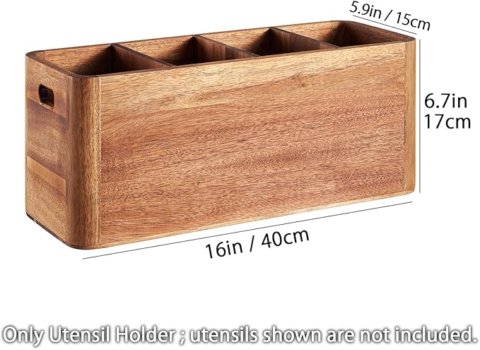 16" Wooden Kitchen Utensil Holder, Extra Large Acacia Wood Organizer for Cooking Tools, Utensils & Cutlery Storage – 4-Compartment Countertop Holder