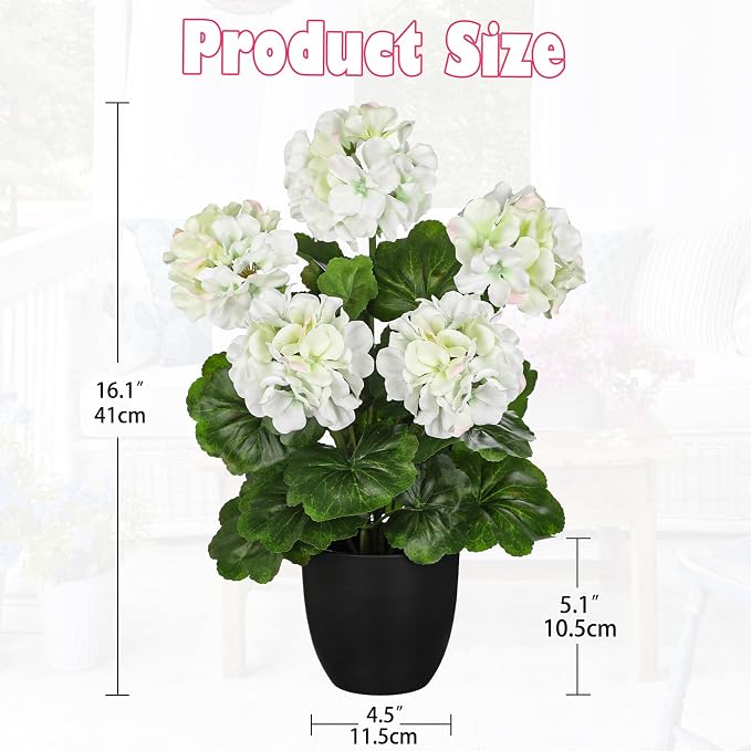 Briful 16” Geraniums Artificial Flowers Realistic Potted Plant – White Fake Geraniums for Outdoors, Silk Flowers Artificial Outdoor Plants for Indoor Home Decor, Farmhouse Table Centerpiece Decoration