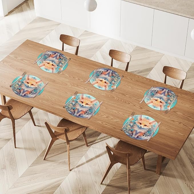 Round Placemats Set of 4, Watercolor Cute Animal Fox Flowers Woven Placemats Mats Non-Slip Heat Resistant Washable Table Mats Round Braided Place for Farmhouse Kitchen Dining Party Decor 15in
