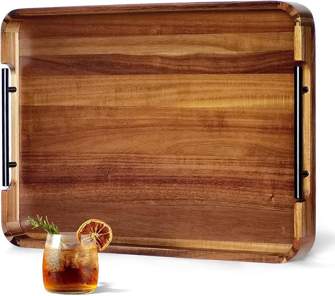 22" Acacia Wood Ottoman Serving Tray with Metal Handles & Rounded Corners | Large Rectangular Decorative Wooden Tray for Living Room Kitchen Coffee Table Couch Bed