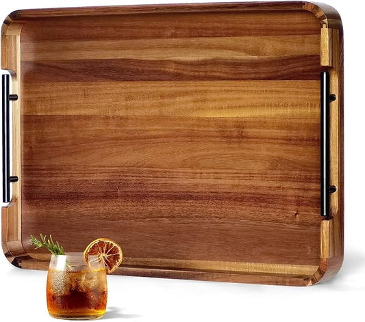 22" Acacia Wood Ottoman Serving Tray with Metal Handles & Rounded Corners | Large Rectangular Decorative Wooden Tray for Living Room Kitchen Coffee Table Couch Bed