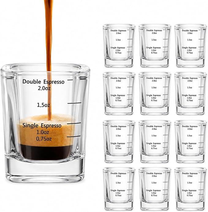 Ruckae Shot Glasses Measuring Cup Set 12 Pack Square Espresso Shot Glasses Liquid Heavy Glass -Incremental Measurement 2oz Shot Glass for Bars and Home Use