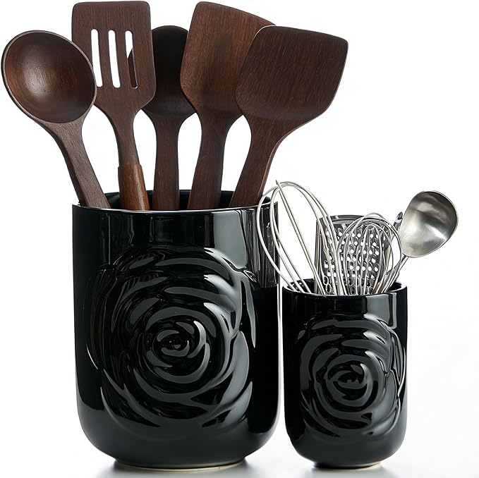 Large Utensil Holder Set of 2, 7.5"+ 5.5" - Ceramic Rose Kitchen Countertop Utensil Crock for Spatulas, Spoons & Cooking Tools, Farmhouse Kitchen Counter Decor, Black