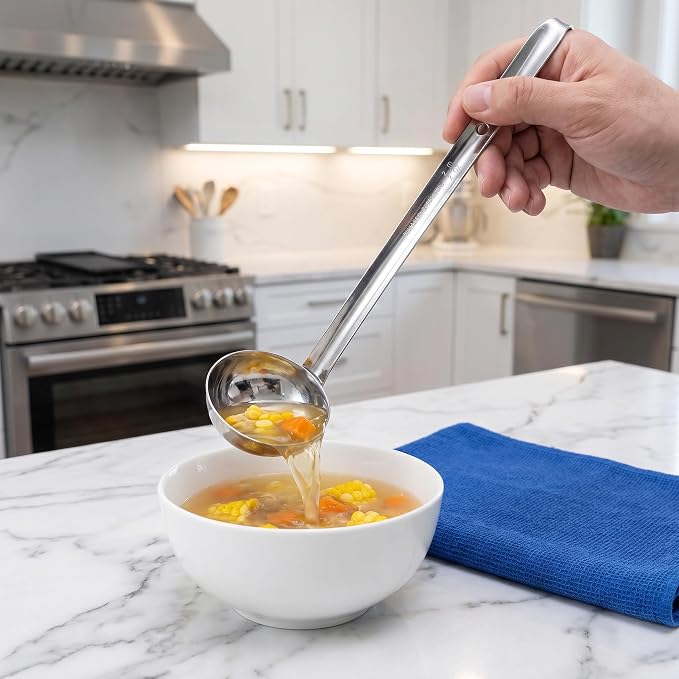 3-Pack Stainless Steel Soup Ladle Set with Hooked Long Handle 2 oz | 2 ounce serving capacity, sauce and gravy use, stew and soup serving, dishwasher safe build, comfortable hooked grip