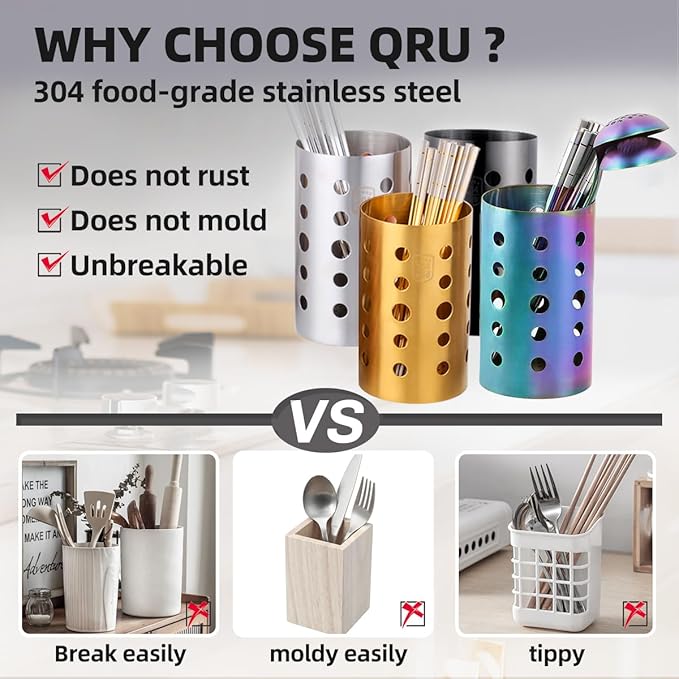 QRU Kitchen Utensil Holder for Countertop (H6.7” x W4.1”), Stainless Steel Cooking Utensil Caddy for Tools, Spatulas, Spoons, Silverware & More, Cooking Utensil Organizer, Kitchen Decor (Black)