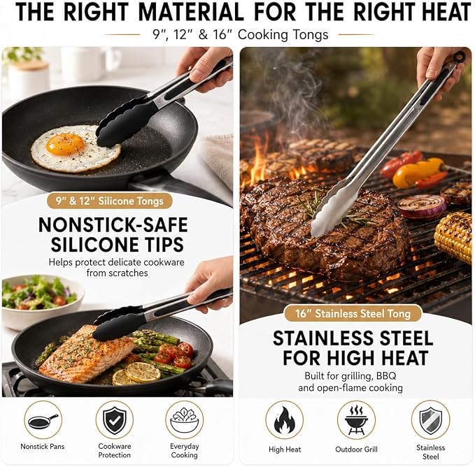 3 Pack Kitchen Tongs Set, 9+12+16" Cooking Tongs with Locking Mechanism, 9" & 12" Nonstick Tongs and 16" Stainless Steel Grill Tongs, Heat Resistant Food Tongs for Cooking, Serving, BBQ & Air Fryer
