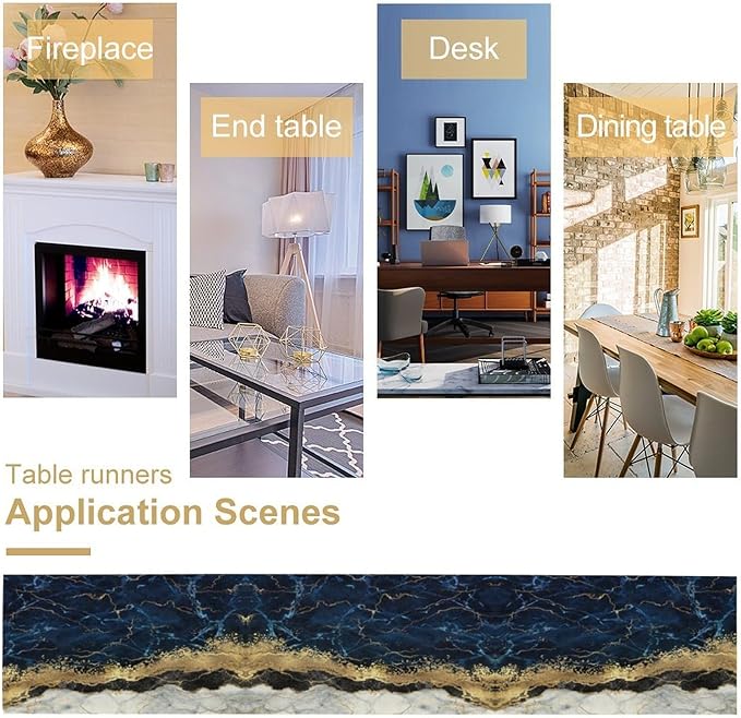 Marble Table Runner, Abstract Navy Blue and Gold Modern Luxury Texture Printed Linen Table Runners for Living Room Farm Kitchen Dining Room Party Holiday Home Decor 13" W x 120" L