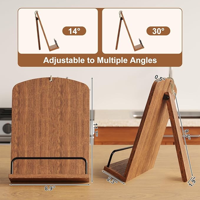 Wooden Cookbook Stand for Kitchen Counter, Rustic Brown Cook Book Stand fits Hanging or Countertop Display, Recipe Book Holder with Adjustable Angle, Wood Cooking Book Stands, Bible Display Holders