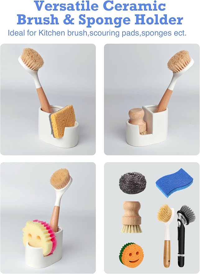 Ceramic Sponge Holder for Kitchen Sink, 2-in-1 Sponge & Brush Organizer, Compact Sink Caddy with Raised Edge to Catch Drips, Keeps Countertops Dry, Dishwasher Safe, Rustproof, White