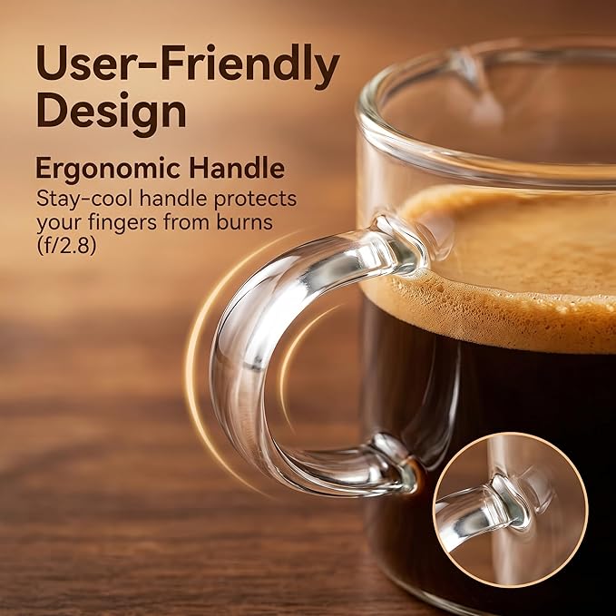 5 OZ Espresso Cups Set of 2, Double Spouts Cups, Shot Glasses, Milk Cup with Handle, Clear Glass, Espresso Accessories for Making Coffee Desserts Salad Dressing Machine (1 ounce more than others )