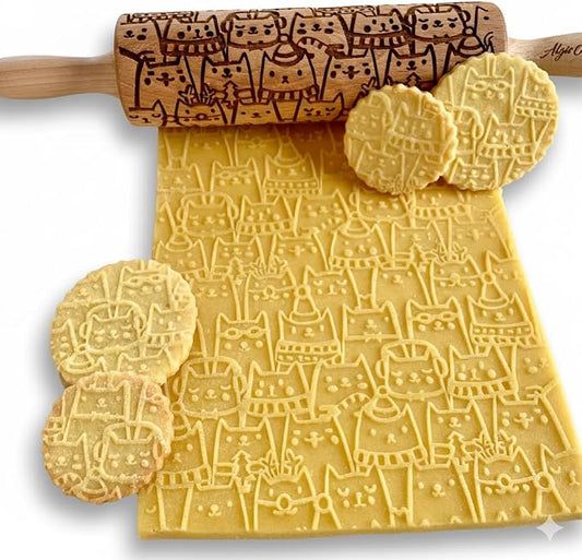 HAPPY CATS Embossing Rolling Pin. Dough and Clay Roller for Embossed Cookies and Pottery. Cookie and Ceramic Stamp. Baking Gifts by Algis Crafts