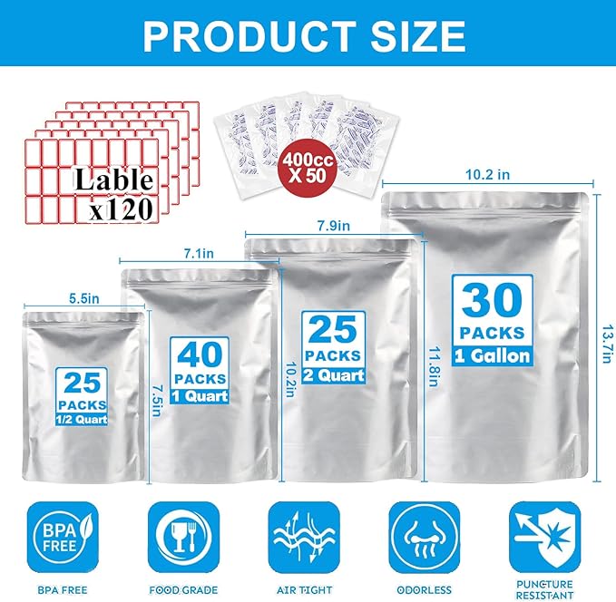 120PCS 4Size Mylar Bags for Food Storage with Oxygen Absorbers&Labels,10Mil Thick Resealable Zipper&Heat Seal Stand Up Pouches for Packaging Long Term,Dried Food