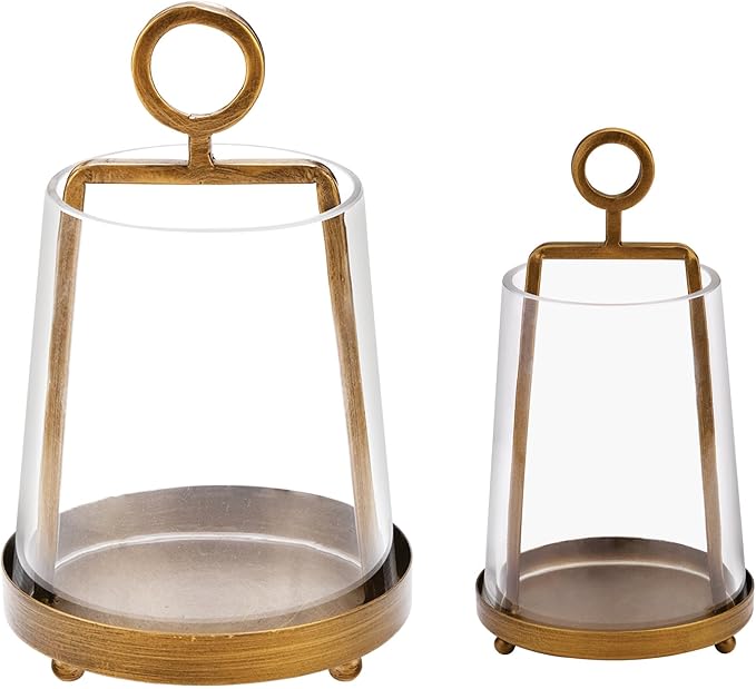 6" & 4" Wide Modern Farmhouse Metal Hurricane Candle Holder with Handmade Sturdy Glass Sleeve in Antique Brass for Pillar Candle & Plants, Glass Hurricane Lantern, Industrial, Minimalistic