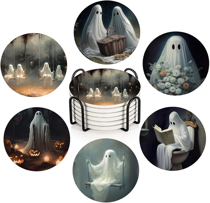 Halloween Ghost Coasters for Drinks Set of 6,Round Absorbent Ceramic Stone Coaster with Metal Holder Stand,Vintage Cute Ghost Art Coasters with Cork Base for Coffee Table,Parties,Gifts