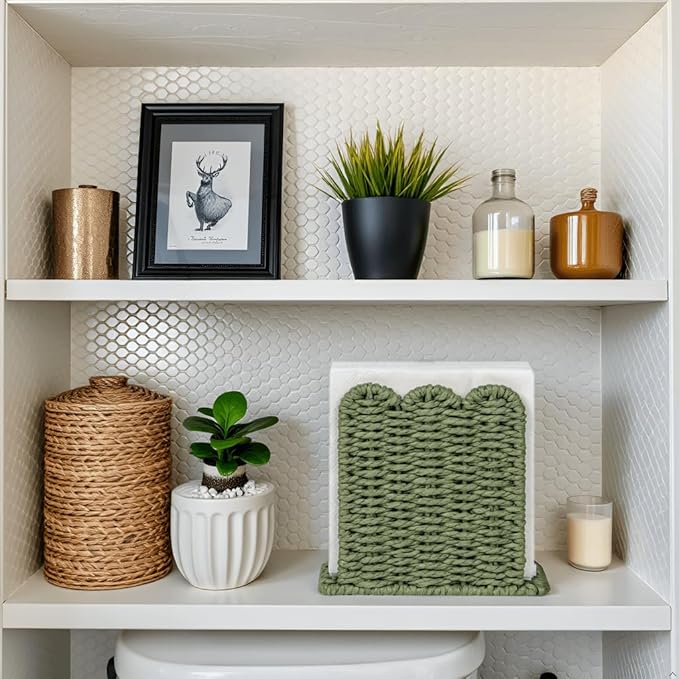 CubesLand Scalloped Edge Napkin Holder for Table Home Rustic Room Decor, Standing Paper Rope Napkin Dispenser for Kitchen Dining Hotel, Cocktail Napkin Holder for Indoor & Outdoor Party, Green