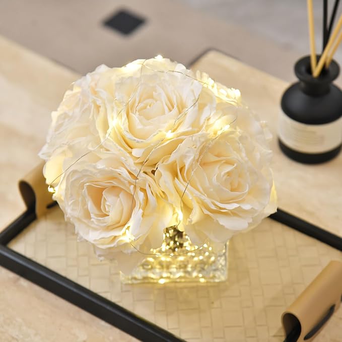 Artificial Rose in Glass Vase Vintage Silk Flower Arrangement with LED Light for Table Centerpiece Home Wedding Decoration (Cream)