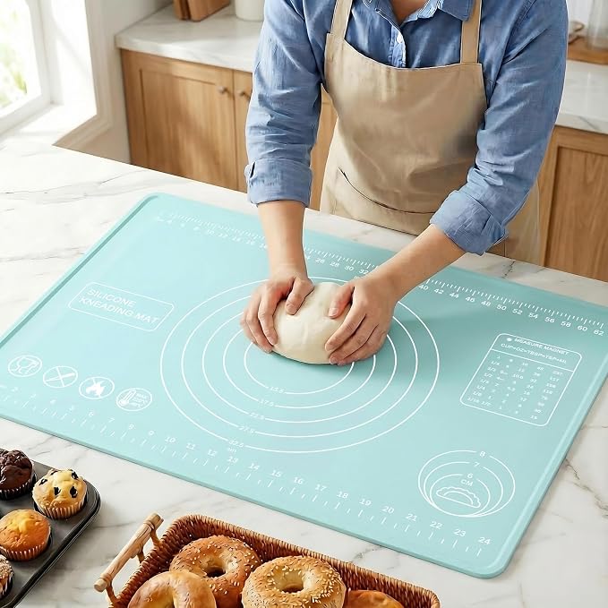 Silicone Pastry Mat 28" x 20" Extra Thick Silicone Baking Mat with Measurements and Edge Heightening Non-stick Food Grade Dough Rolling Mat Kneading Sheet for Pastry, Bread, Cookies (Mint Green)
