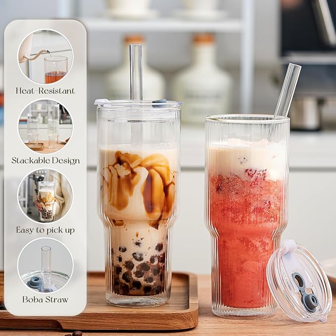 KEMORELA 28 oz Double Wall Glass Tumblers Set of 2, Extra-Wide 13mm Reusable Drinking Straws, Boba Tumbler, Wide-Mouth Water Cups for Iced Coffee, Smoothies, Boba & Tea Lovers (Ribbed)