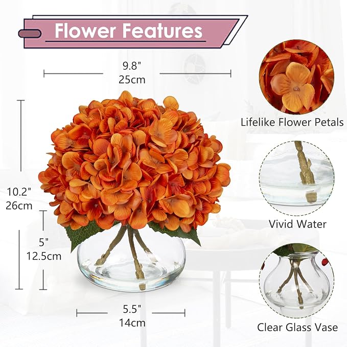Hollyone Orange Fall Hydrangea Artificial Flowers for Decoration with Vase Silk Fake Flowers Arrangements in Glass Vase with Faux Water Autumn Festival Table Centerpiece Fall Decorations for Home
