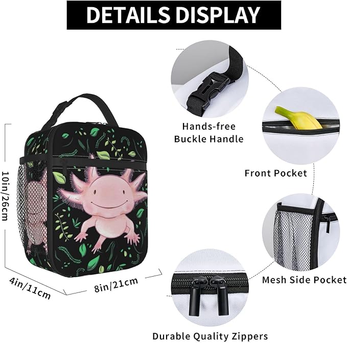 Gianlaima Cute Pink Axolotls Kawaii Axolotl Insulated Lunch Box For Women Man, Portable Lunch Bag Reusable Cooler Tote For Office Work Travel Picnic Camping Beach