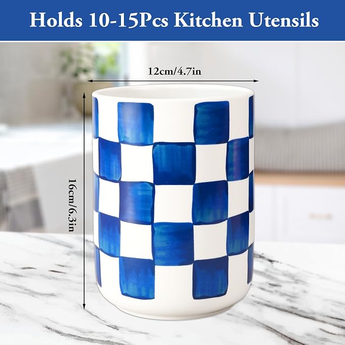 JarThenaAMCS Kitchen Utensil Holder 6.3 Inch Checkered Ceramic Cooking Utensil Holder Modern Watercolor Blue White Plaid Utensil Crock for Home Kitchen Countertop Storage Organizer Container