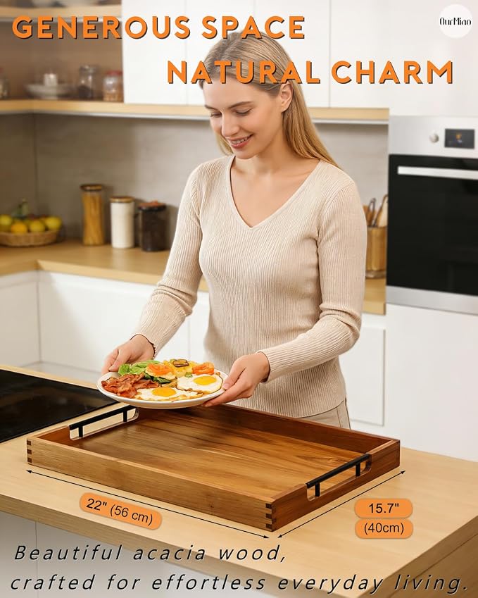 22" x 15.75" Acacia Wood Ottoman Serving Tray with Black Metal Handles | Large Rectangular Wooden Tray for Living Room, Kitchen, Coffee Table, Coffee Station, Party