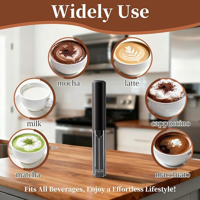 Milk Frother Handheld Electric Foam Maker, Drink Mixer with Stainless Steel Whisk for Cappuccino, Bulletproof Coffee, Latte, Battery Operated (Deep black)