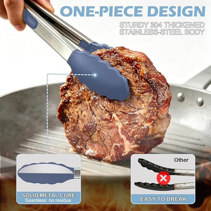 TACGEA Stainless Steel Kitchen Tongs with Silicone Tips, Locking Grilling Food Tongs, 9" and 12", Set of 2 Blue