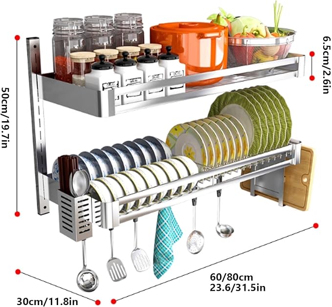 2 Tier Kitchen Dish Drying Rack, Hanging Wall Mount Dish Rack Organizer with Drain Tray and Cutlery Holder, Adjustable Stainless Steel Storage Shelf for Sink Area (31.5x11.8x19.7 in)