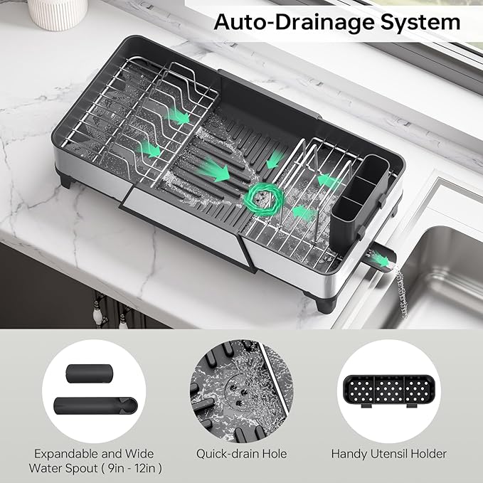 Urackify Large Dish Drying Rack - Triple Expandable Dish Rack for Kitchen Counter, Stainless Steel Sink Organization and Storage Essentials with Utensil & Pans Holder for Home and Appartment, Black