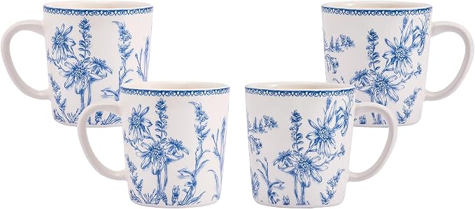 Bico Blue Garden Toile De Jouy Ceramic Coffee Mugs Set of 4, 18 oz Large Tea Cups with Handle, Aesthetic Latte Mugs for Cappuccino Cocoa, Lead-Free, Dishwasher and Microwave Safe, Housewarming Gift