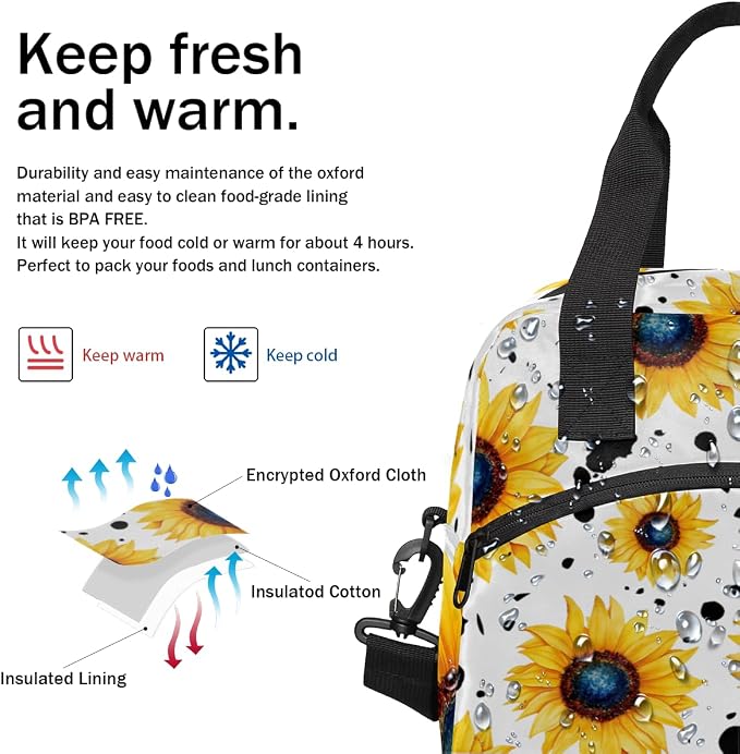 Pattern Yellow Sunflowers Insulated Lunch Bag for Women Men Reusable Lunch Box Cooler Bag Large Leakproof Lunch Tote with Adjustable Shoulder Strap for Adult Work Picnic Camping Beach Office