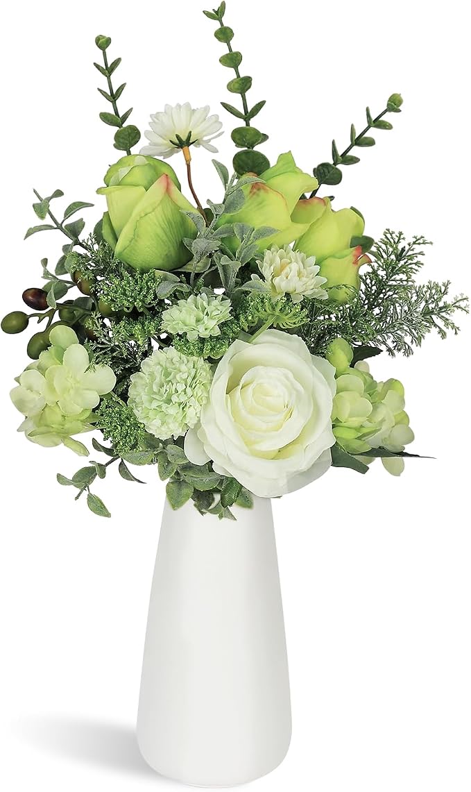 Small Faux Flower Bouquet in White Ceramic Vase (15.75" Tall) - Green & White Artificial Floral Arrangement for Coffee Table Centerpiece, Bathroom & Office Desk Decor