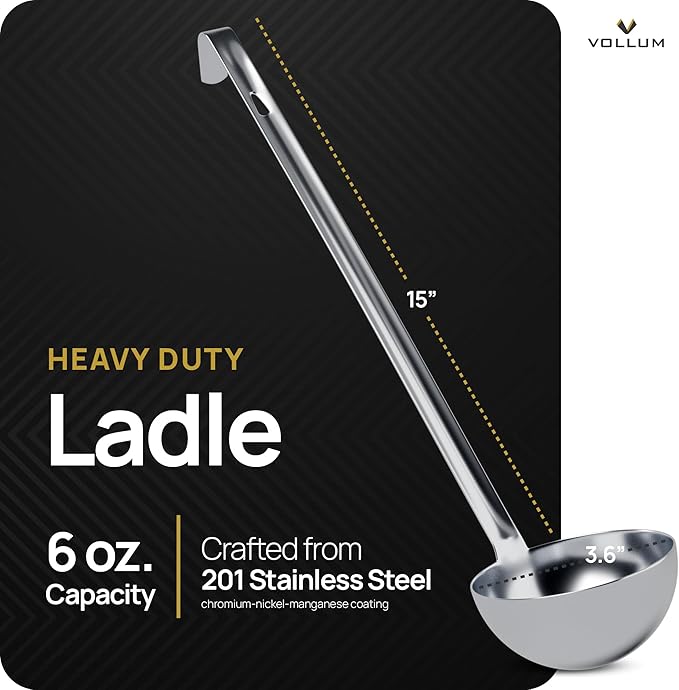 Vollum Metal Ladle Stainless Steel – Heavy Duty One-Piece Large Soup Ladle with Long Handle for Gravy, Stew, Sauce – Kitchen Utensils for Cooking - 6 Ounce (3.6" Bowl Diameter, 12.1" Handle Length)