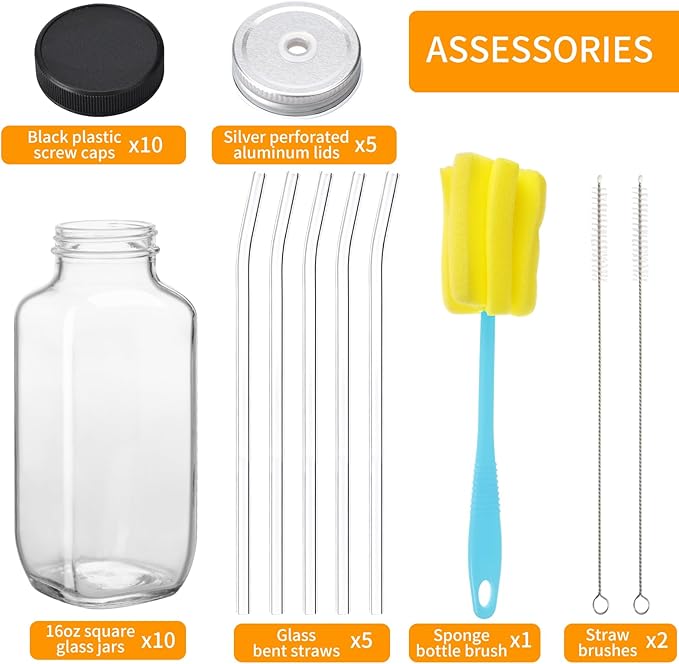 CUCUMI 10pcs 16oz Glass Juice Bottles with Lids, Reusable Juice Containers Drinking Jars Water Cups with Brush, Glass Straws, Lids with Hole | 10pcs