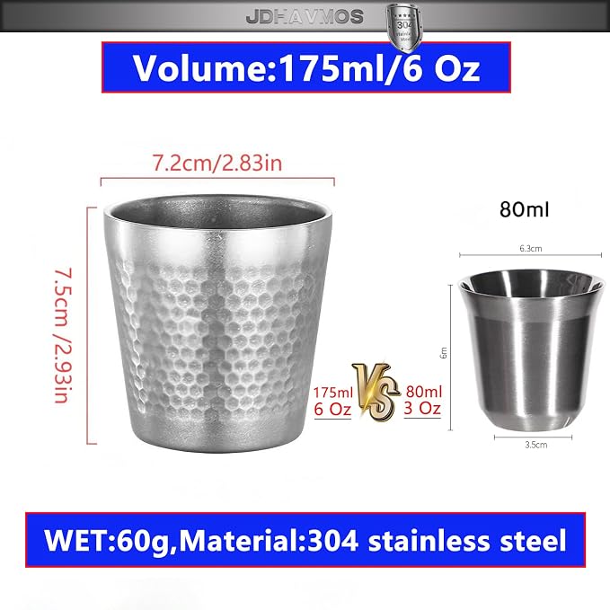 Stainless Steel Espresso Cup-4pcs Set,Double Wall Insulated Metal Demitasse Cups, 6 oz (175ml),Mini Coffee Cup for Beverages, Diamond Pattern Anti-Slip and Scalding.