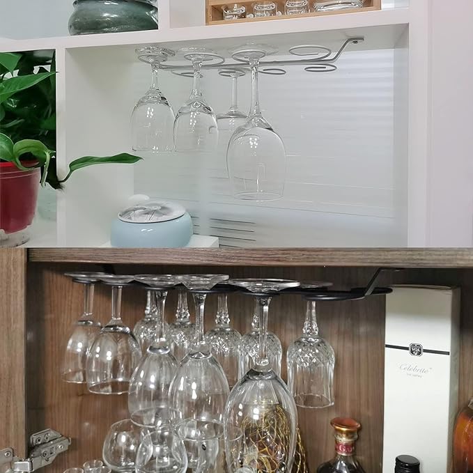 Under Cabinet Wine Glass Holder Iron 12 Hooks, Black Wire Hanging Rack, Storage Hanger Organizer, Space Saving, With 6 Hooks For Multiple Uses, Easy To Install