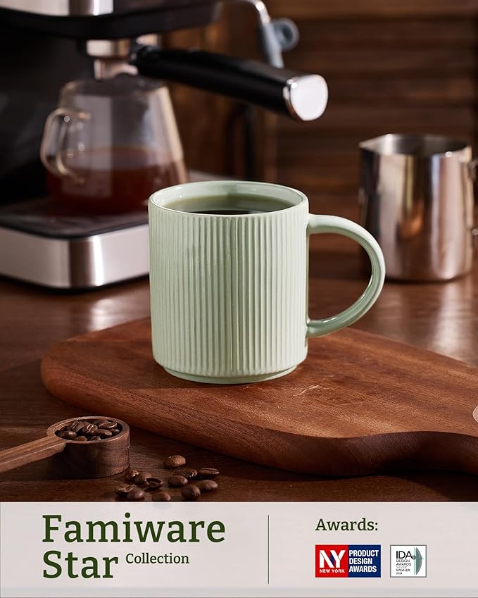famiware Coffee Mug Set for 6, Star 16 oz Catering Mugs Cup Set with Handle for Coffee, Tea, Cocoa, Milk - Ceramic Stoneware Drinkware Set, Matte Green