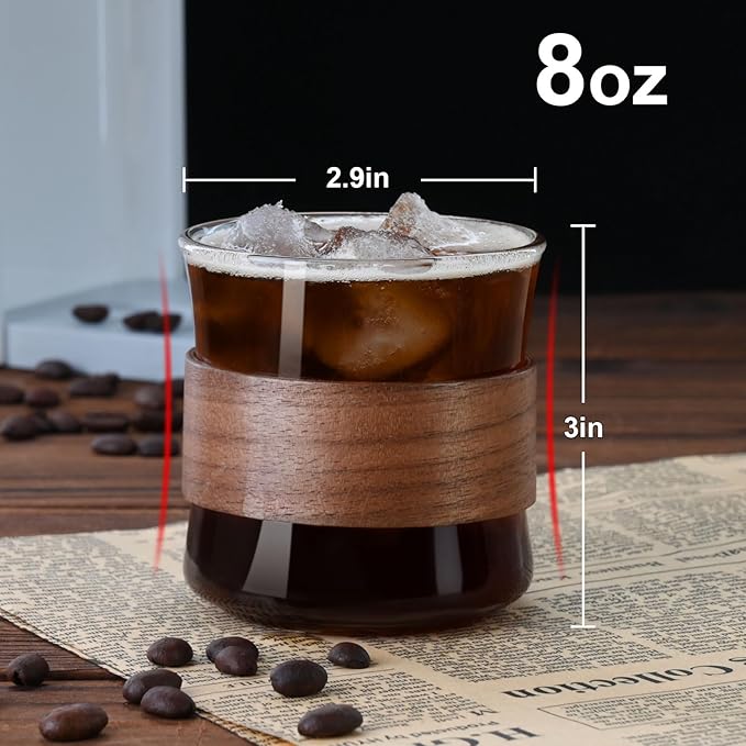 PARACITY Espresso Cups Set of 2 with Wooden Ring, 8 OZ High Borosilicate Espresso Shot Glass, Clear Small Expresso Shots Cup, Espresso Accessories